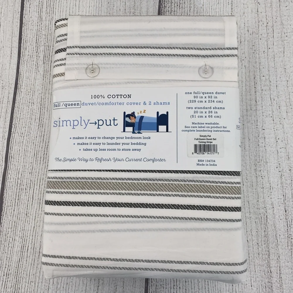 Simply Put Duvet Set FULL/QUEEN White Gray Ticking Stripe 100% Cotton Crisp